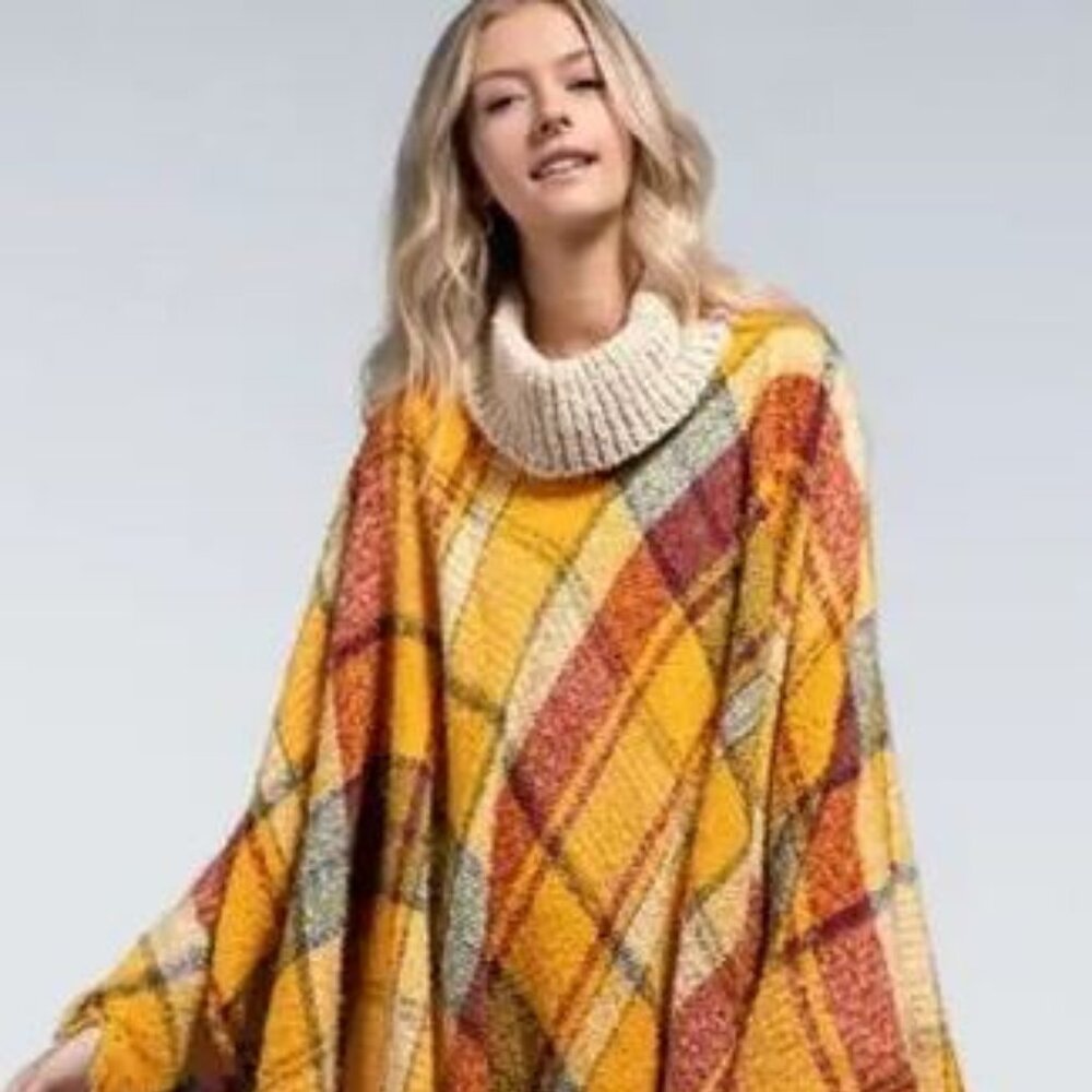 Golden Plaid Knit Poncho – Cozy Fall Blanket Cape with Chunky Turtleneck